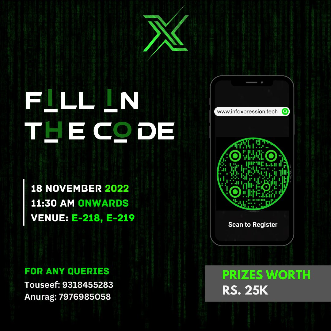 infoxpression_'s tweet photo. FILL IN THE CODE

Venue : Labs
Date : 18th November
Time : 11:30 AM

#infox #ix22 #infoxpression #techfest #coding #programming #codes https://t.co/bKYBhe94ST
