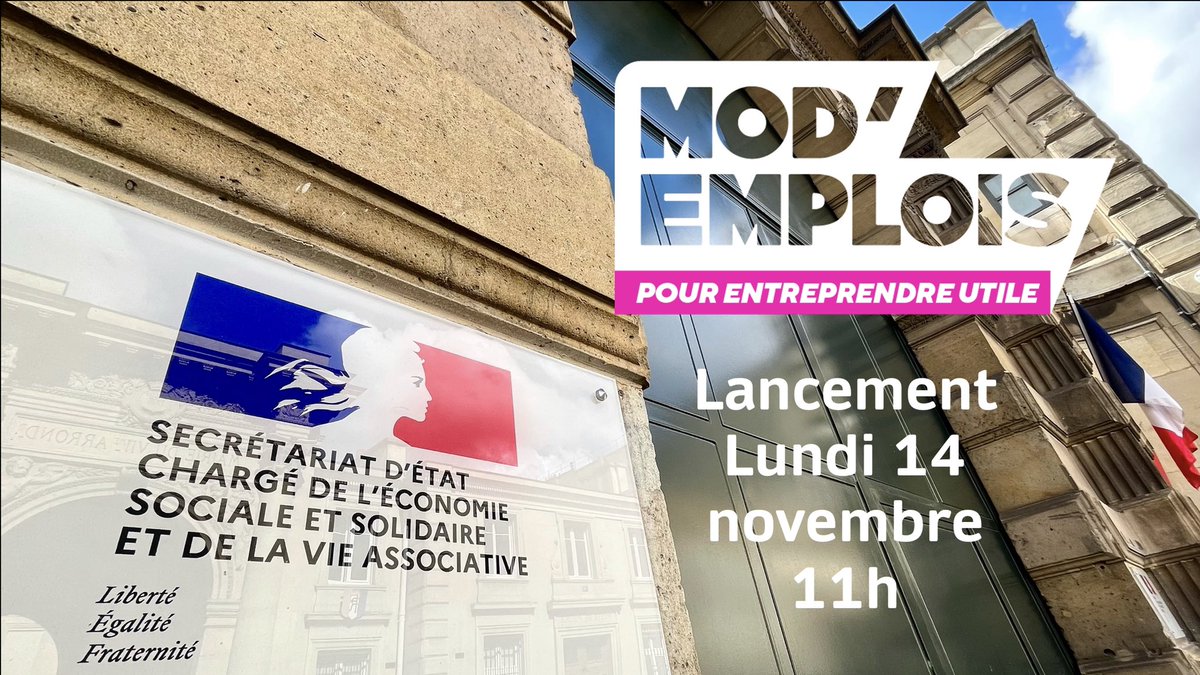 ‼️J-1 ‼️ Nous serons heureux de lancer demain <a href="/modemploisrs/">Mod'emplois</a> en présence de <a href="/MarleneSchiappa/">🇫🇷 MarleneSchiappa</a> , Secrétaire d’Etat en charge de l’#ESS depuis son ministère.
👉📱💻 studio.mod-emplois.fr : l’entrepreneuriat à impact social et écologique pour tous 🫵
#Socent #Impact