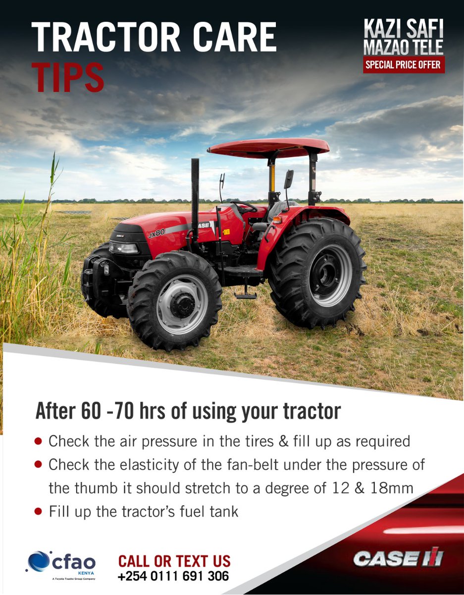 cfaokenyaltd's tweet image. Here are some tips to ensure optimal performance on your tractor this week. #Sundaytips #tractor #tractortips