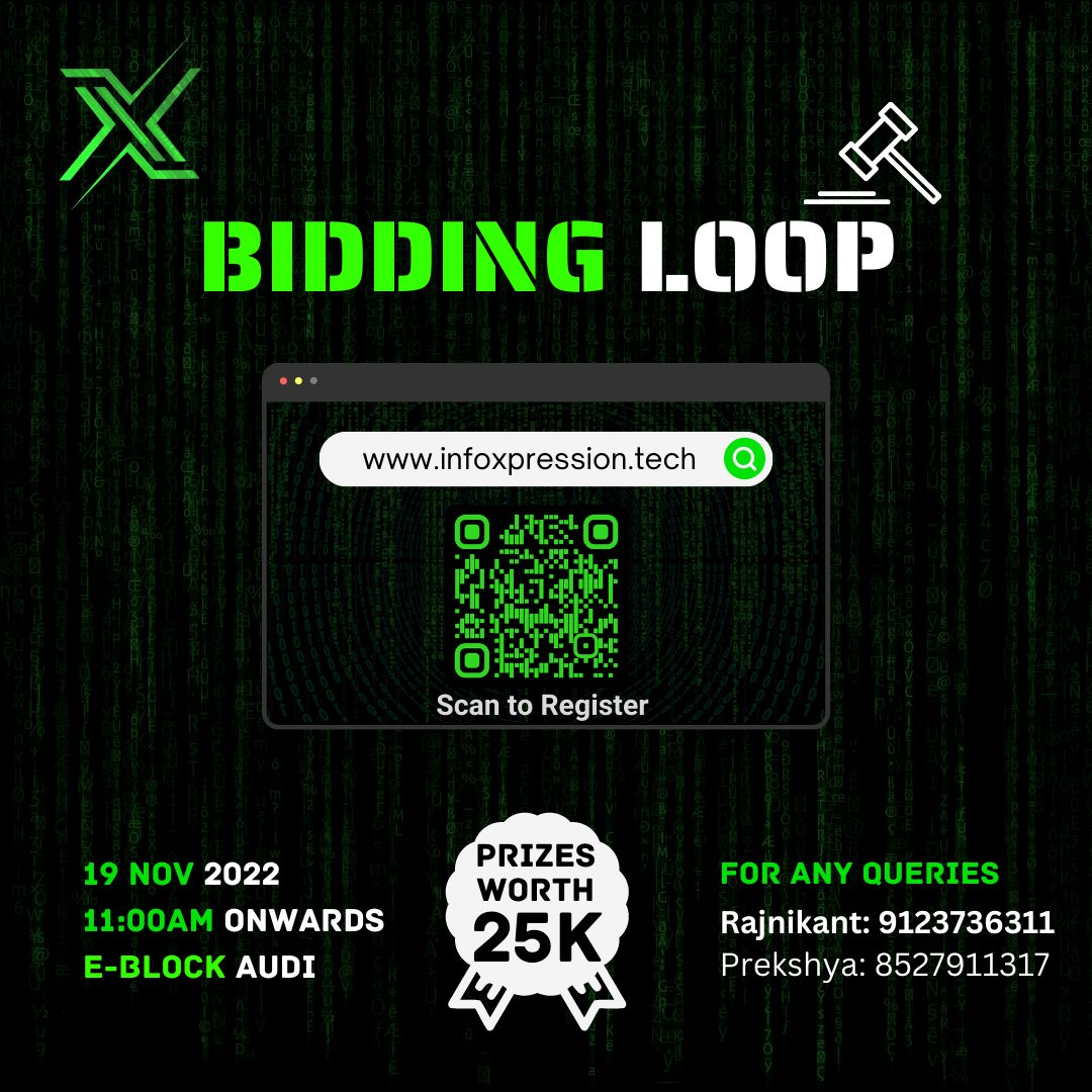 infoxpression_'s tweet photo. BIDDING LOOP

Venue : E-Block Auditorium
Date : 19th November
Time : 11:00 PM

#ix22 #infox #infoxpression #techfest #coding #code #auction https://t.co/Em035gSWVg