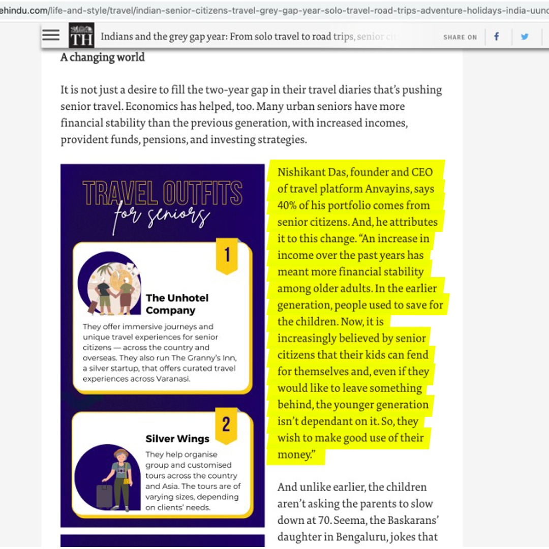 anvayins's tweet photo. We have been hosting trips exclusively for senior citizens to North East India
We are honoured that our senior citizen guests Mrs. Geeta Garud, and Mr. BL Vohra have been quoted along with our founder and CEO @NishikantDas05  in the @LifestyleWithTH 
Thanks @ReshChakraborty https://t.co/zroGXV1YJg