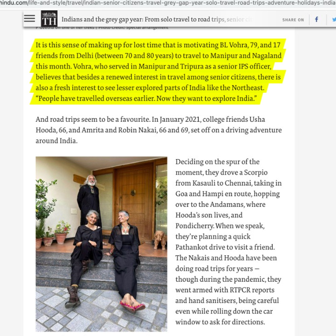 anvayins's tweet photo. We have been hosting trips exclusively for senior citizens to North East India
We are honoured that our senior citizen guests Mrs. Geeta Garud, and Mr. BL Vohra have been quoted along with our founder and CEO @NishikantDas05  in the @LifestyleWithTH 
Thanks @ReshChakraborty https://t.co/zroGXV1YJg
