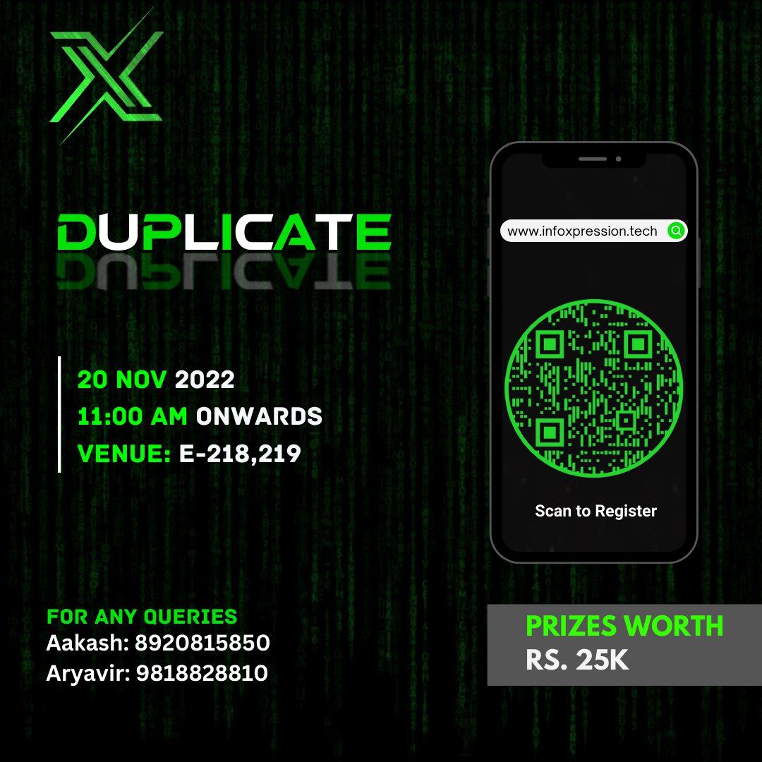 infoxpression_'s tweet photo. DUPLICATE

Venue: Labs
Date: 20th November
Time: 1:30 PM

#ix22 #infox #infoxpression #techfest #duplicate https://t.co/FjFUoJ6A4z