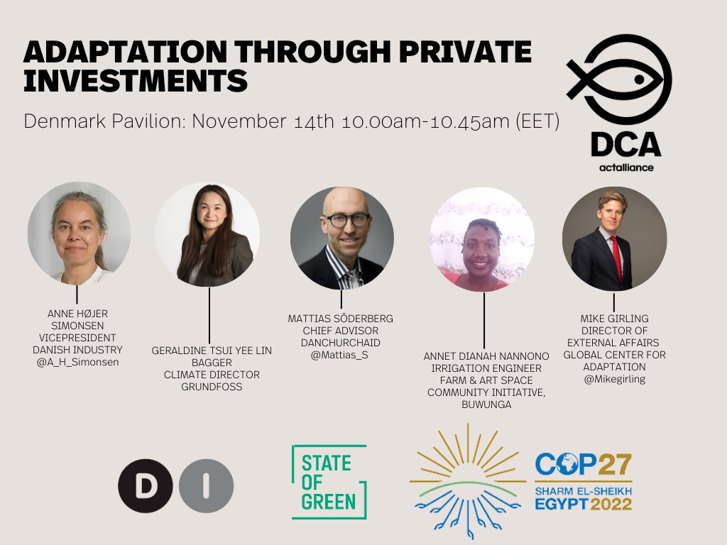 Mattias Söderberg (@mattias_s) on Twitter photo What are the challenges and opportunities for private investments in #adaptation ?
Tomorrow, Monday the 14th 10.00-11.00 we will try to find the answers in a #COP27 side event in the <a href="/stateofgreendk/">State of Green</a> pavilion What are the challenges and opportunities for private investments in #adaptation ?
Tomorrow, Monday the 14th 10.00-11.00 we will try to find the answers in a #COP27 side event in the <a href="/stateofgreendk/">State of Green</a> pavilion