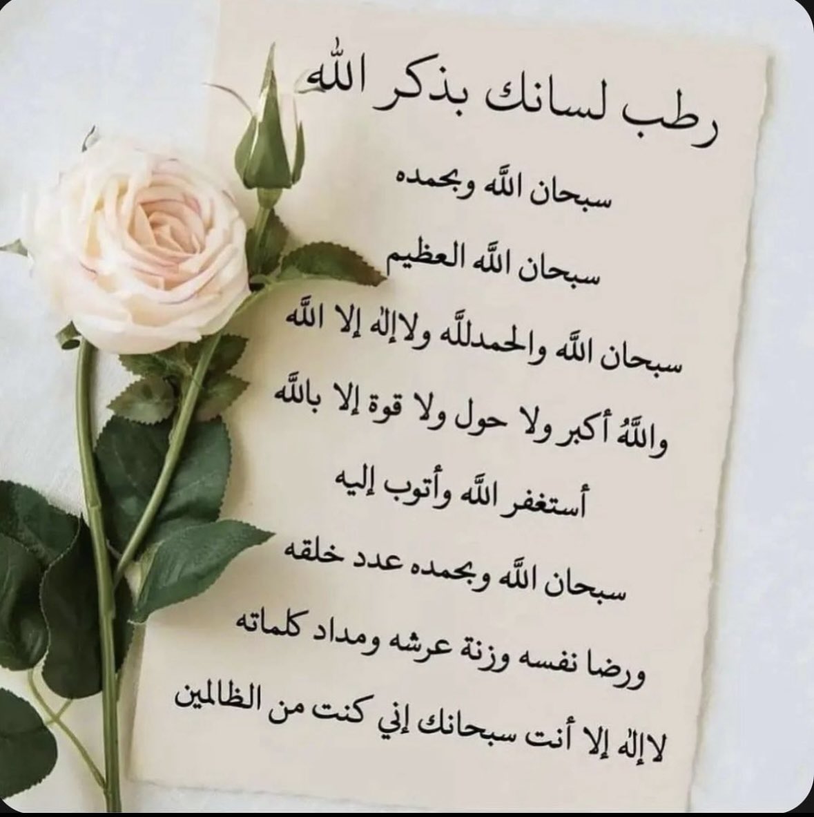 رطب لسانك بذكر الله

سُبْحَانَ اللَّهِ وَبِحَمْدِهِ،
سُبْحَانَ اللَّهِ الْعَظِيمِ”. 

سُبْحانَ اللهِ، والْحَمْدُ لِلَّهِ،
ولا إلَهَ إلَّا اللَّهُ، واللَّهُ أكْبَرُ 

لَا حَوْلَ وَلَا قُوَّةَ إِلَّا بِالله

استغفر الله العظيم واتوب اليه