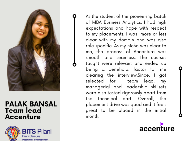 BITS_MBA's tweet image. Placements AY 2022-23

PALAK BANSAL
Team Lead
Accenture

MBA in Business Analytics | Batch 2021-23
Department of Management, BITS Pilani

#placements2022 #mbaba #bitspilani #dom #bitsmba #businessanalytics #pioneeringbatch #mba #management