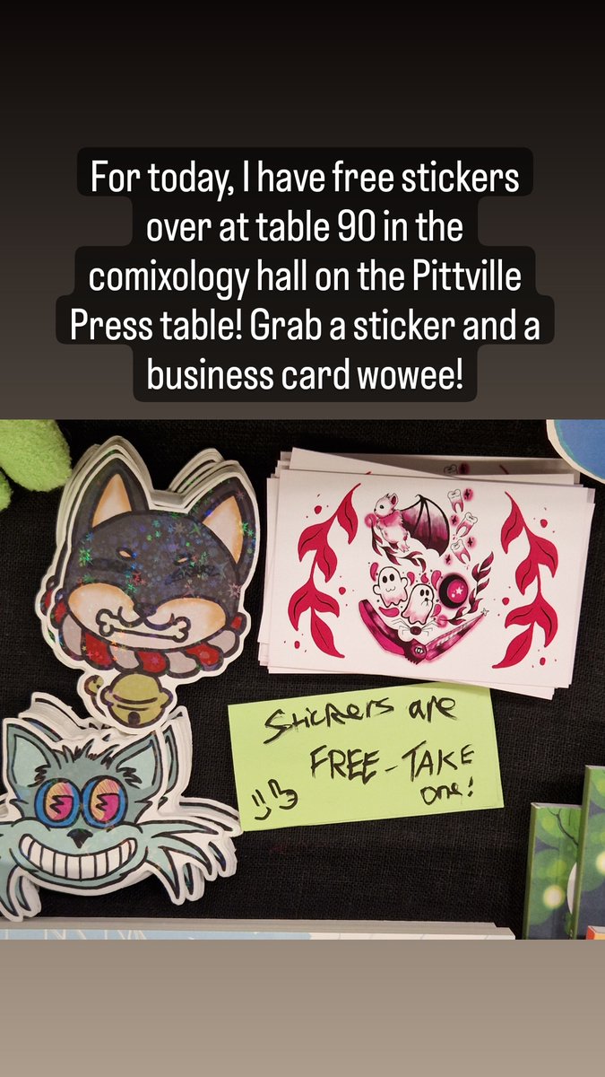 leonsartabode's tweet photo. I have politely stuck some free stickers on the uni table, do come and get some if you want em 👍 Table 90, comixology hall #Thoughtbubble https://t.co/LyJrMe9AnU