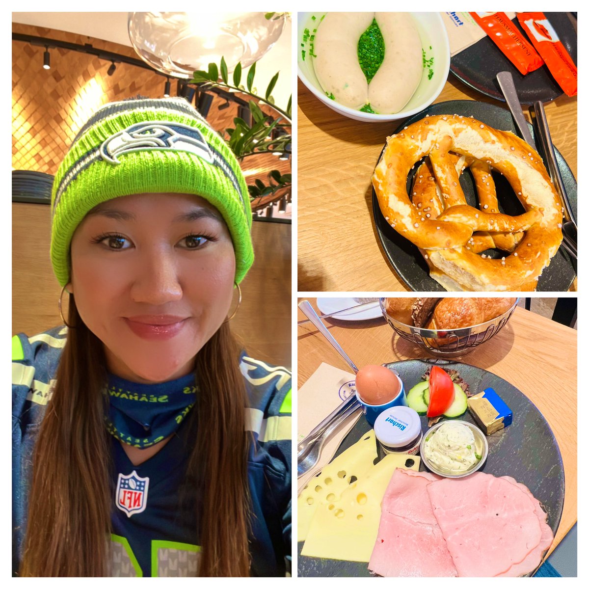 What hangover and jet lag!?! 😂👀🇩🇪 Big game today! Go Hawks!💙💚🏈 

#MunichGame #Week10 #GermanBreakfast #12s