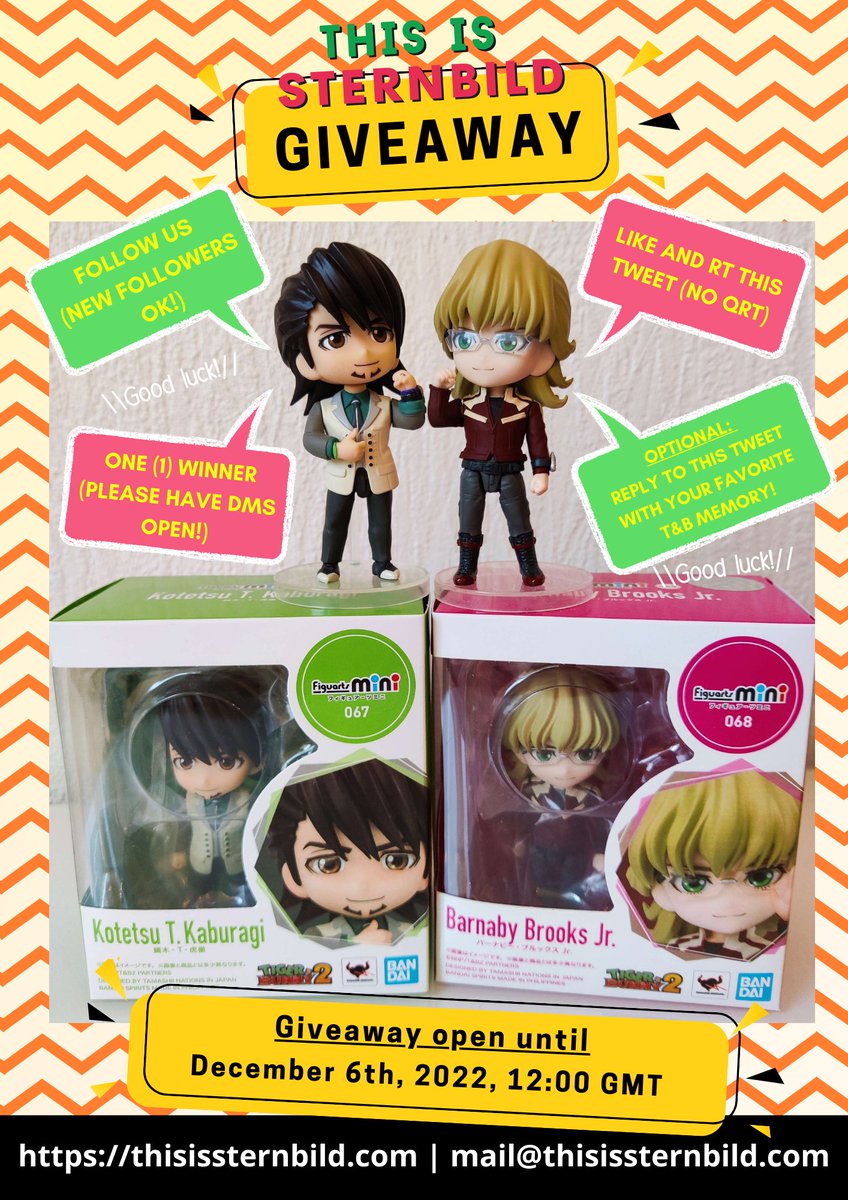 ThisIsSternbild's tweet photo. 🐯 Holiday Giveaway! 🐰

🏆Grand Prize:
Kotetsu T. Kaburagi &amp; Barnaby Brooks Jr. Figuarts Minis

RULES:
🐯Follow us (new followers ok)
🐰Like and RT this tweet (no QRT)
🐯Optional: Reply with your favorite T&amp;B memory
🐰One (1) winner

Until Dec 6th, 2022. Fine print below 👇 https://t.co/JBrs2b5nfo