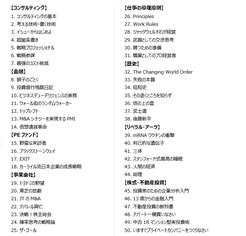 コンサルタントとして月10冊/年間120冊以上の本を読むことをルーティンとしており、その中でも8つの領域（コンサルティング、金融、PEファンド、事業会社、仕事の原理原則、歴史、リベラル・アーツ、株式・不動産投資）でおすすめの本50冊をまとめました。