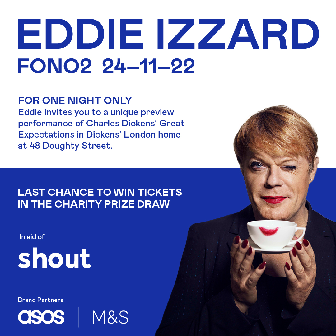 Shout (@giveusashout) on Twitter photo 🔔 There's just one day left to win the chance to see <a href="/eddieizzard/">Eddie Izzard</a> perform Dickens' Great Expectations at Dickens' home on 24th November 🔔
Each £10 donation is enough to cover the cost of a conversation that could save a life. Enter here: crowdfunder.co.uk/p/for-one-nigh… 🔔 There's just one day left to win the chance to see <a href="/eddieizzard/">Eddie Izzard</a> perform Dickens' Great Expectations at Dickens' home on 24th November 🔔
Each £10 donation is enough to cover the cost of a conversation that could save a life. Enter here: crowdfunder.co.uk/p/for-one-nigh…