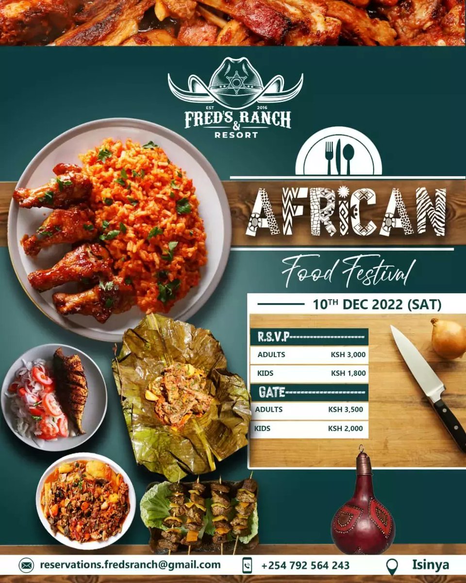 FredsRanch's tweet photo. You can never go wrong with a chicken moment @FredsRanch
For this and more, enjoy an exhibition of African flavors, music, fashion and dancing on 10th December from 12noon till late. Take advantage of Early bird Tickets and Book your table with us on 0792564243. https://t.co/JPvXsmPcJm