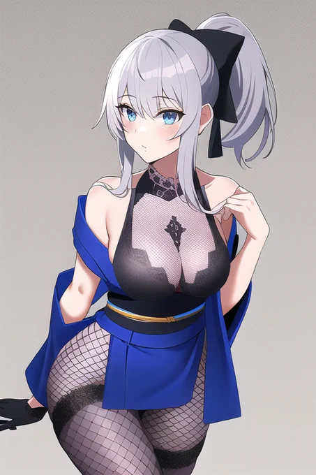 「くのいち」や「バニーガール」に似合いそうな大きい網目のタイツは、"fishnets"(網タイツ)というタグで生成できるんだけど、意外と成功率が低い。 AIが、うまく模様として認識できていないんだろうか……? 下のは、けっこう上手くいったやつ。  呪文はALTに #NovelAI #NovelAIDiffusion