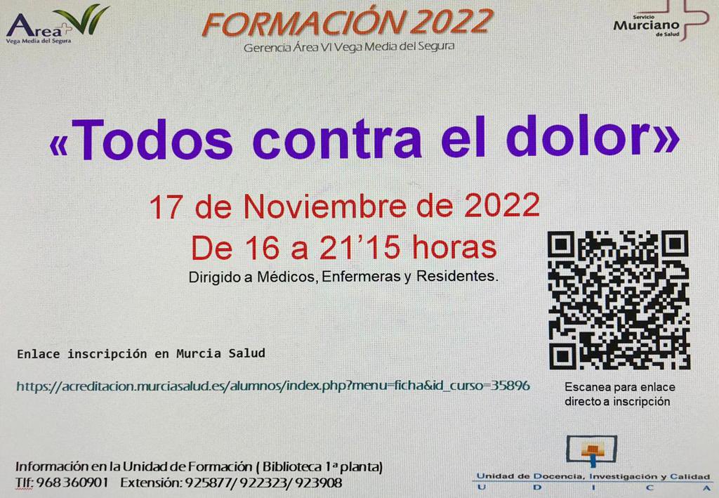 ‼️El próximo 17 de noviembre se celebra en <a href="/Area6VegaMedia/">Área 6 Vega Media</a> la jornada “Todos contra el dolor”

Os dejamos el enlace de inscripción: 
acreditacion.murciasalud.es/alumnos/index.…

<a href="/Sedolor/">Sociedad Española del Dolor</a> <a href="/Murciasalud/">Murciasalud</a> <a href="/commurcia/">COM Región de Murcia</a>
