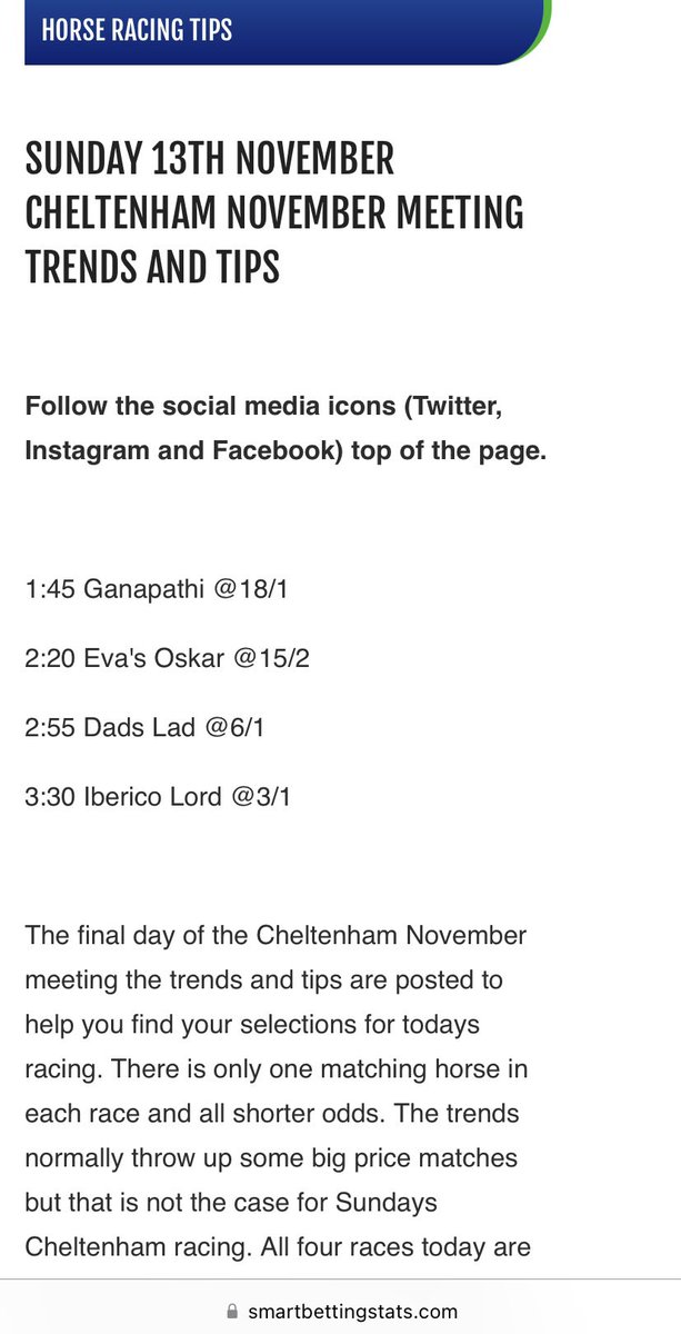 SmartBetStats1's tweet photo. Cheltenham Sunday 13th November Trends and Tips
1:45 Ganapathi @18/1
2:20 Eva's Oskar @15/2
2:55 Dads Lad @6/1
3:30 Iberico Lord @3/1
#CheltenhamNovember #cheltenham #horseracing #horseracingtips #horsetips #chelts #cheltenhamtips #cheltenhamtrends #horseracingtrends #ITVRacing https://t.co/ho71JmoM0x