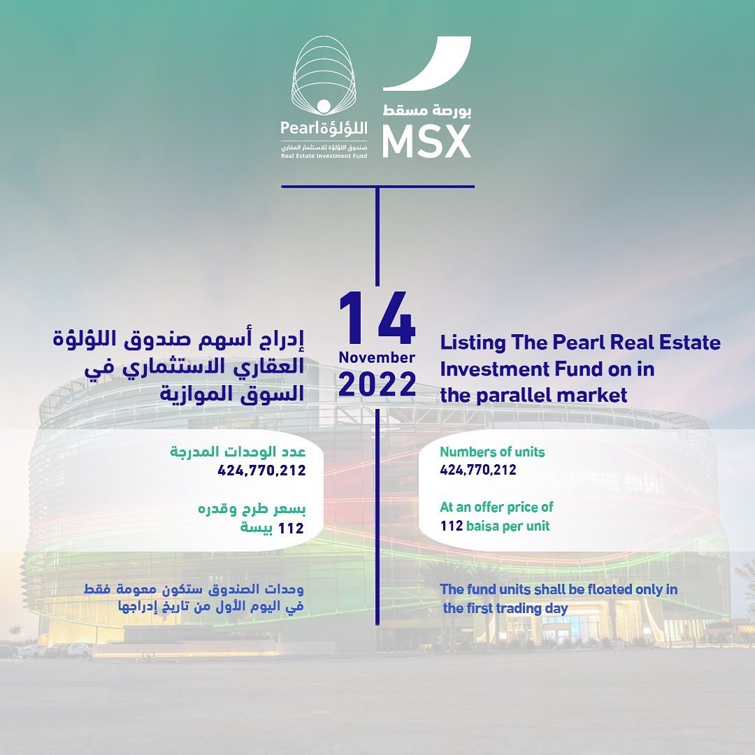 PearlREIF's tweet photo. @MSX_Oman 🔹14 نوفمبر الجاري إدراج صندوق اللؤلؤة العقاري الاستثماري في السوق الموازية بـ ⁧#بورصة_مسقط⁩ 

⁦#MSX⁩ https://t.co/9R1fmlHjzX