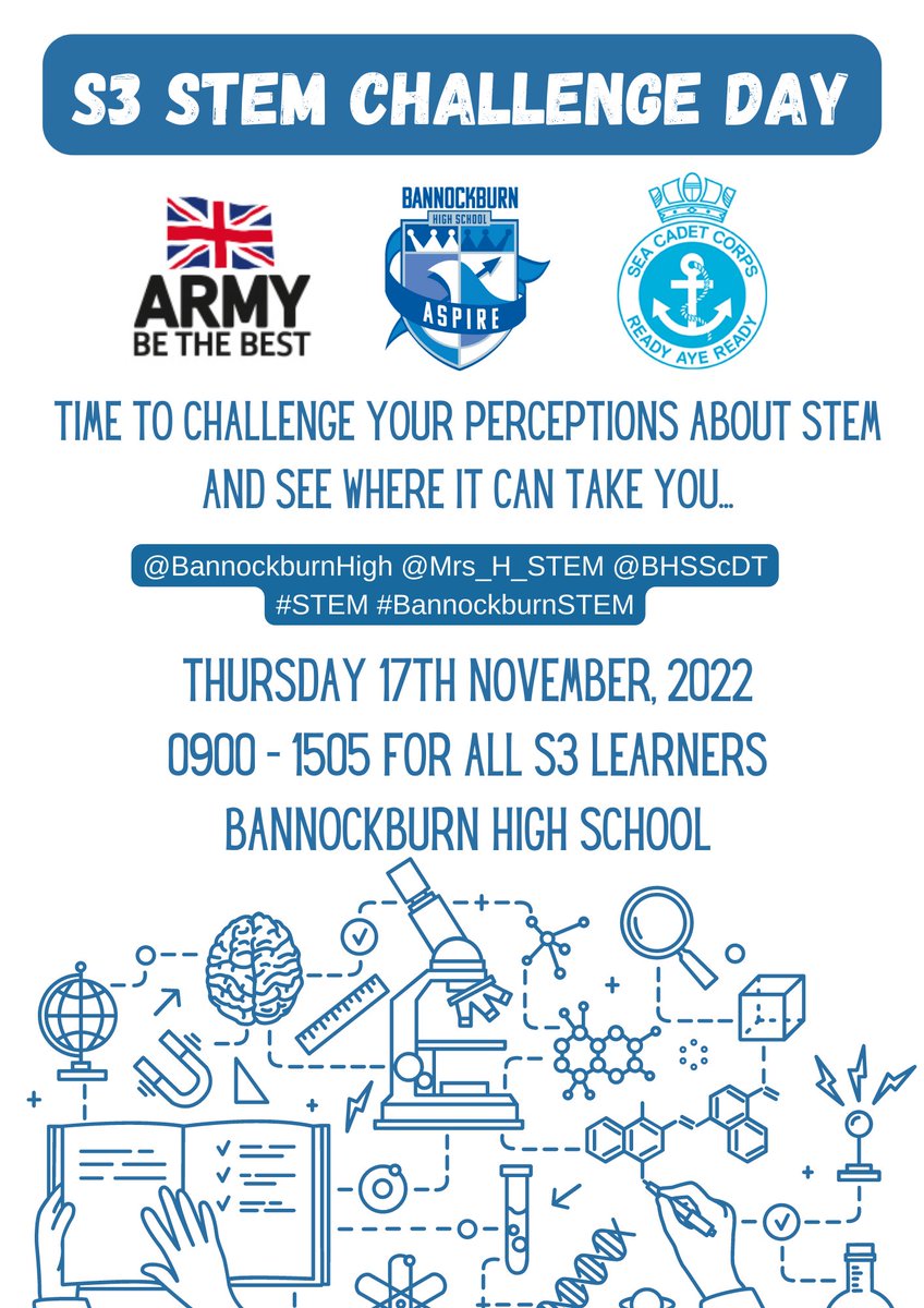 @BannockburnHigh <a href="/BHSScDT/">BBHS Science and Design Technology</a> <a href="/EdScotSciences/">ES Sciences Team</a> <a href="/STEMedscot/">STEM @ Education Scotland</a> Delighted to be hosting our first S3 STEM Challenge day with <a href="/BritishArmy/">British Army 🇬🇧</a> and <a href="/SeaCadetsUK/">Sea Cadets</a>...are you up for the challenge? Which form class will get the trophy? All to be revealed on Thursday! #BannockburnSTEM #STEMchallenge