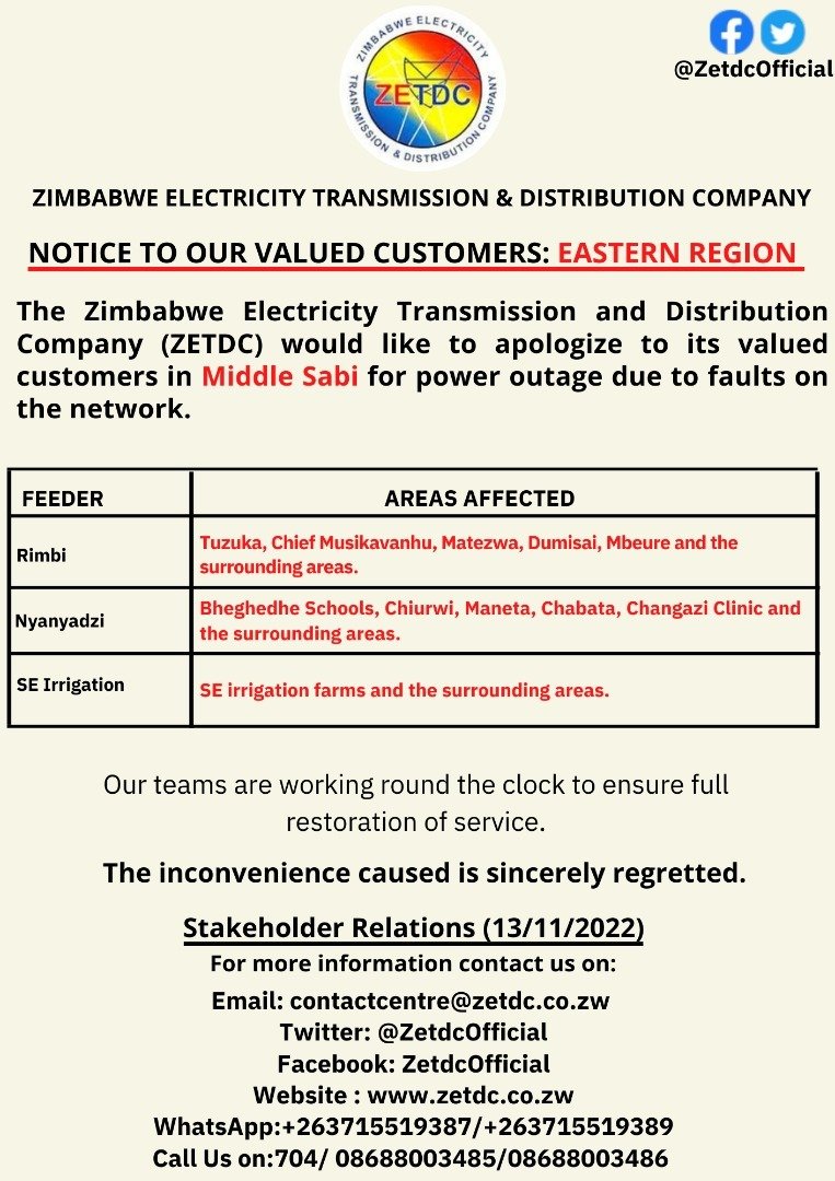 AsterXe_dex's tweet photo. #NoticeOnPowerOutage
#EasternRegion #MiddleSabi
Clients in the mentioned areas kindly take note.
@ZimEye @ZBCNewsonline @KwayedzaZim @NewsDayZimbabwe @HeraldZimbabwe https://t.co/FUutSeX1r9