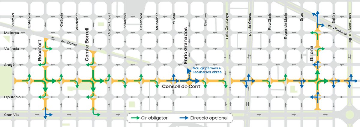 El 18/11 s'implanta una nova mobilitat als futurs eixos verds de l'#Eixample per prioritzar-hi els vianants.

ℹ️ Hi haurà senyals per indicar quins són els girs permesos.

Informa-te'n a superilla.barcelona i decideix amb antelació el millor itinerari.

#SuperillaBarcelona
