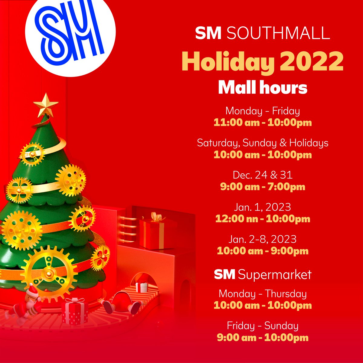 #SMAnnouncement: Take note of our adjusted mall hours starting November 14, 2022. Please check out our updated mall hours at gosm.link/MallHoursSM. Stay safe and #SeeYouDownSouth Southies!