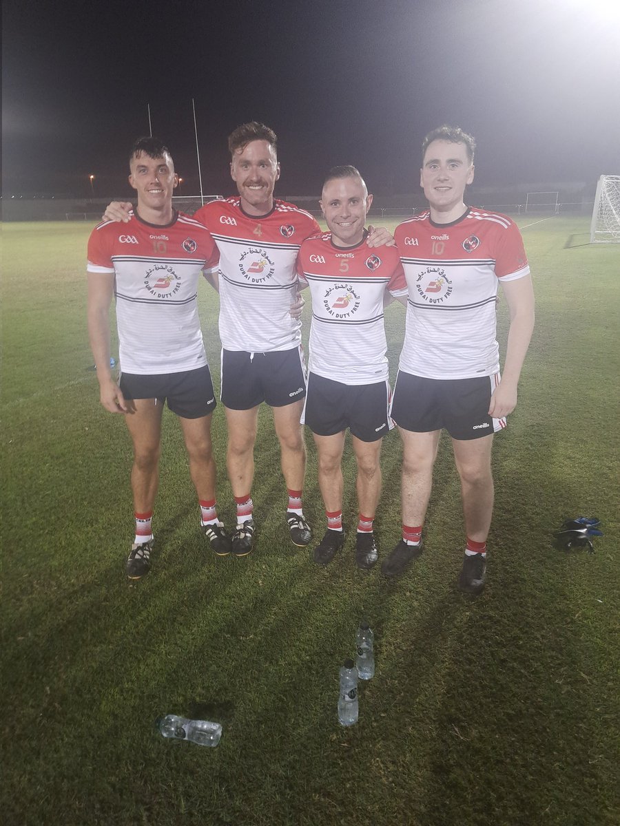 Eddie McCabe of Adamstown, Oisin Dunbar &amp; Chrisy Doyle of Rapparees Starlights &amp; Conor Halligan of Sarsfields &amp; Faythe Harriers, pictured after playing for Dubai Celts Junior A Footballers in the Semi Final of Round 2 of the Middle East League in Dubai 7s last Friday. #worldgaa
