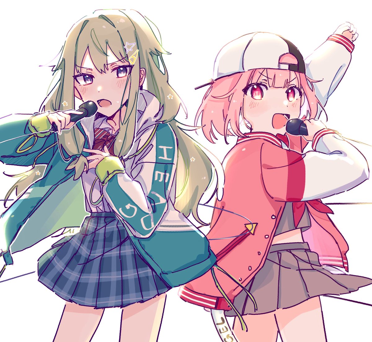 multiple girls 2girls jacket skirt baseball cap pink hair school uniform  illustration images