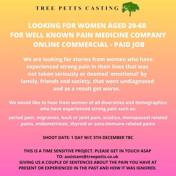 #Casting looking for women aged between 20-60 years old for a well known pain relief medicine company. Paid! 
Please get in touch to:   assistant@treepetts.co.uk
Details 👇