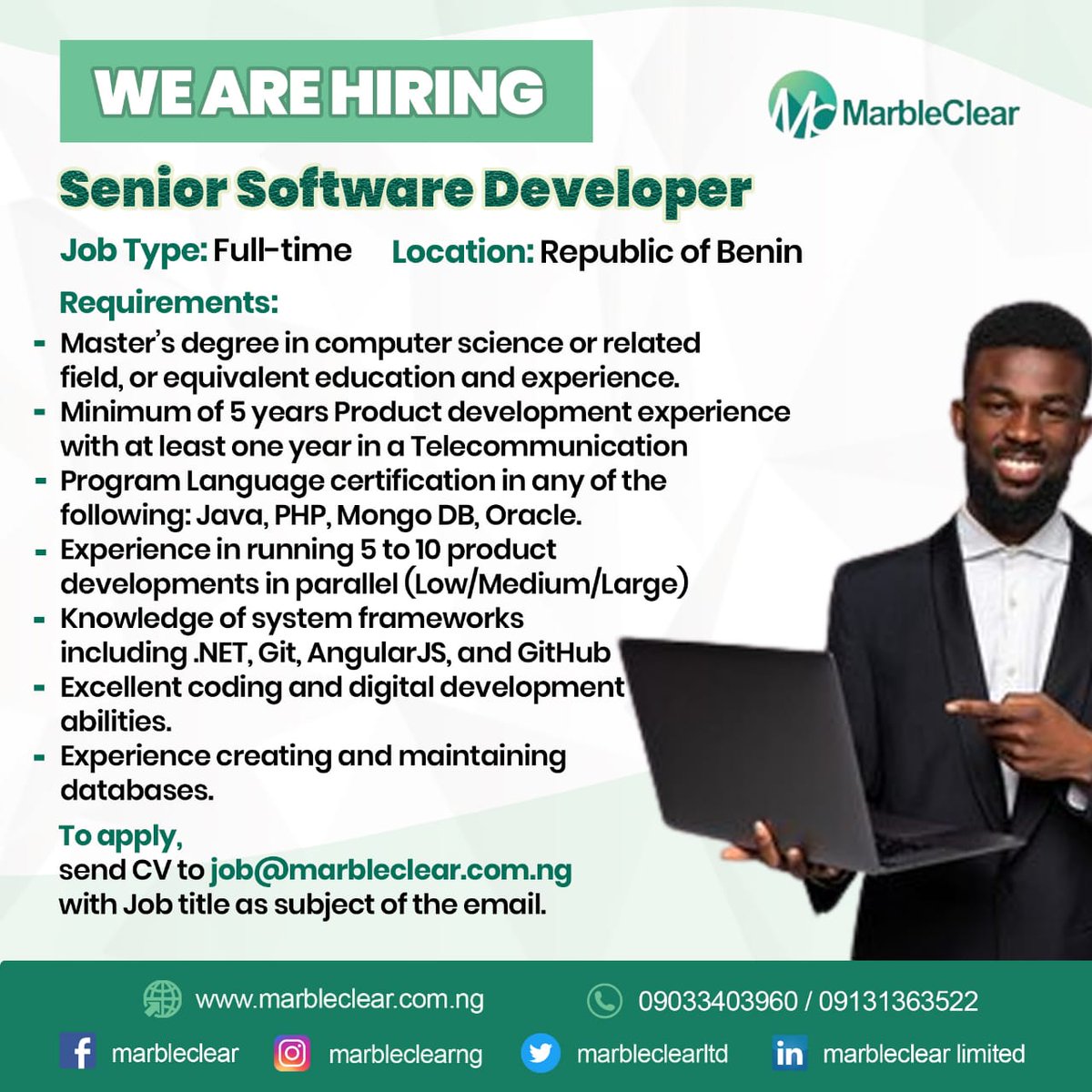 Marbleclearng's tweet image. Our client, a reputable IT company seeks to hire an experienced Senior Software Developer 
Location : Republic of Benin
Deadline: 20/11/2022
#softwaredeveloper #softwaredeveloperjob #itindustry #coding #recruitmentlagos #jobrecruitmentnigeria #jobvacancyinlagos #jobvacancies