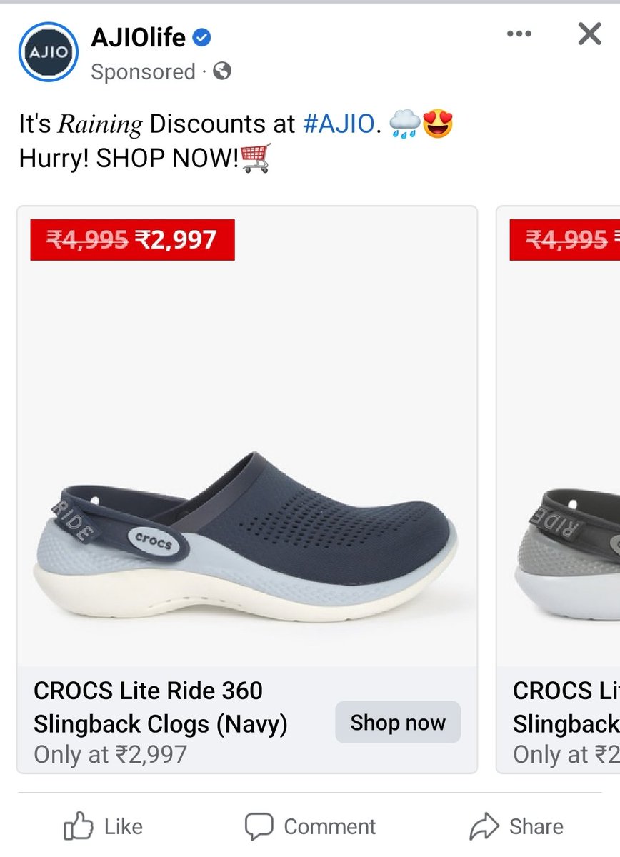 ManjulGupta1's tweet photo. @AJIOLife .....seening below add since morning in my face book....as soon as I click, it took me to AJIO app with 4995 INR for same product, no discount.....wondering howz this online marketing works..... https://t.co/VZd7GJ0i5M