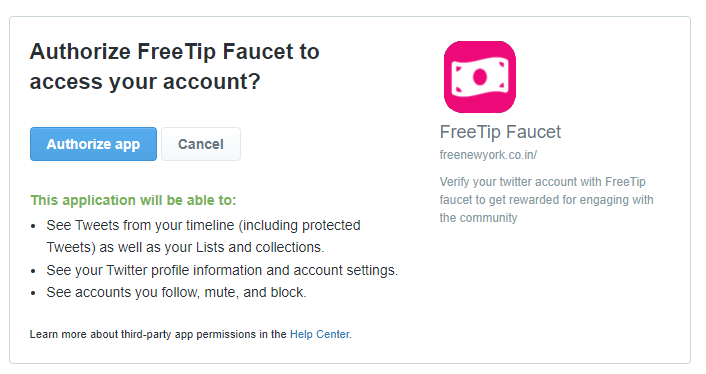 FreeTipccFaucet's tweet photo. @discreetreader My utmost apologies for this, I have resolved this. FreeTip Faucet now only requests the basic read permissions. https://t.co/4pwAiN5rEE