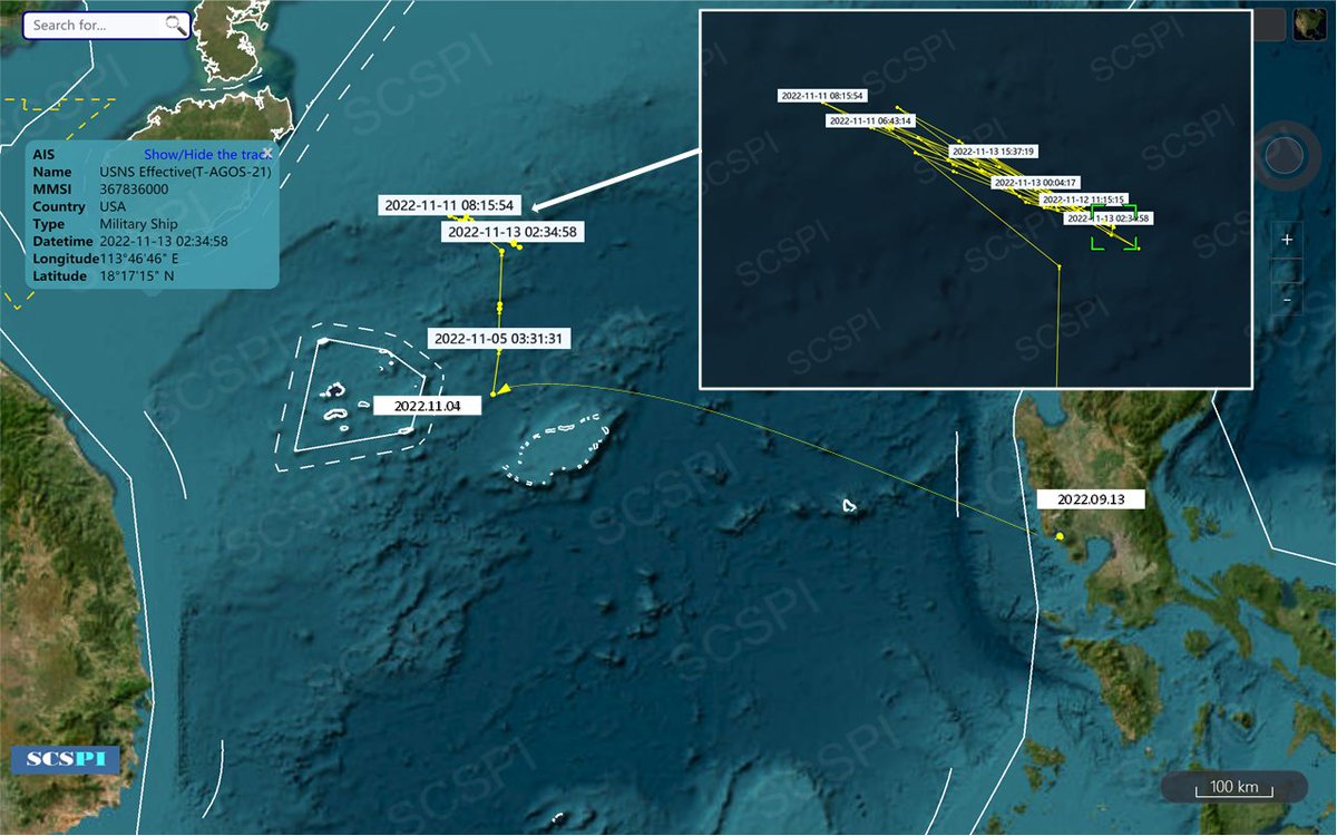 SCS_PI's tweet photo. Surveillance ship USNS Effective(T-AGOS-21) has been operating intensively in the #SouthChinaSea from Nov. 04 to Nov. 13. About 48NM away from Paracel Islands on Nov.04. https://t.co/s8fKphEKA9