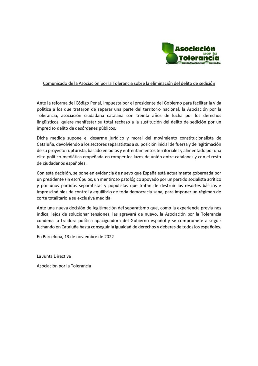 🟢COMUNICADO de la Asociación por la Tolerancia sobre la derogación del delito de SEDICCIÓN🟩