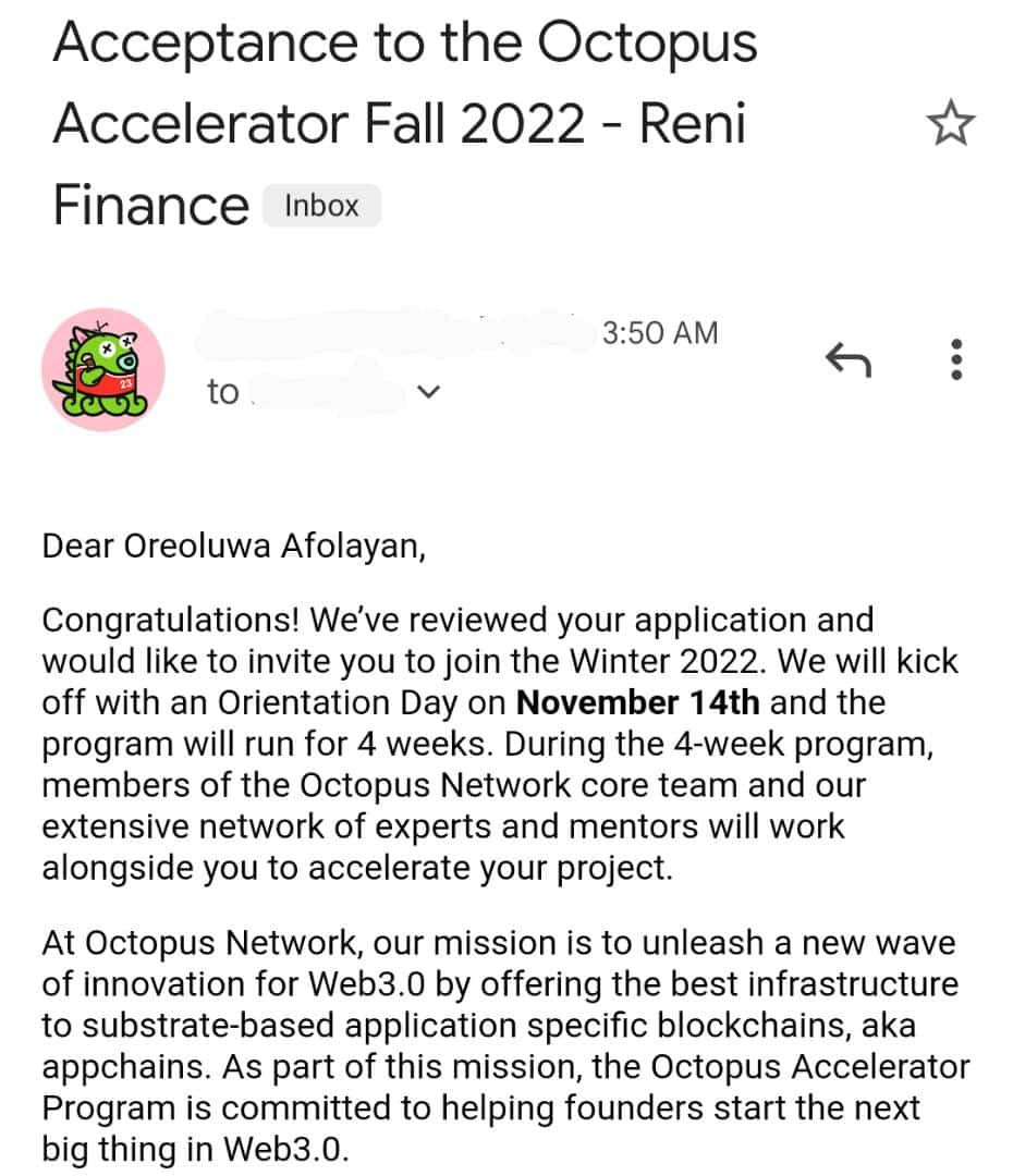 renifinance's tweet photo. Excited to announce that we've been accepted into the Octopus Accelerator Program. https://t.co/65YqVjOwOn