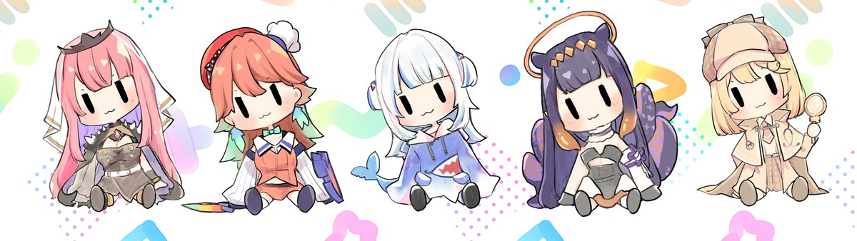 gawr gura ,mori calliope ,ninomae ina'nis ,takanashi kiara ,watson amelia holomyth multiple girls 5girls pink hair tentacle hair chibi orange hair  illustration images