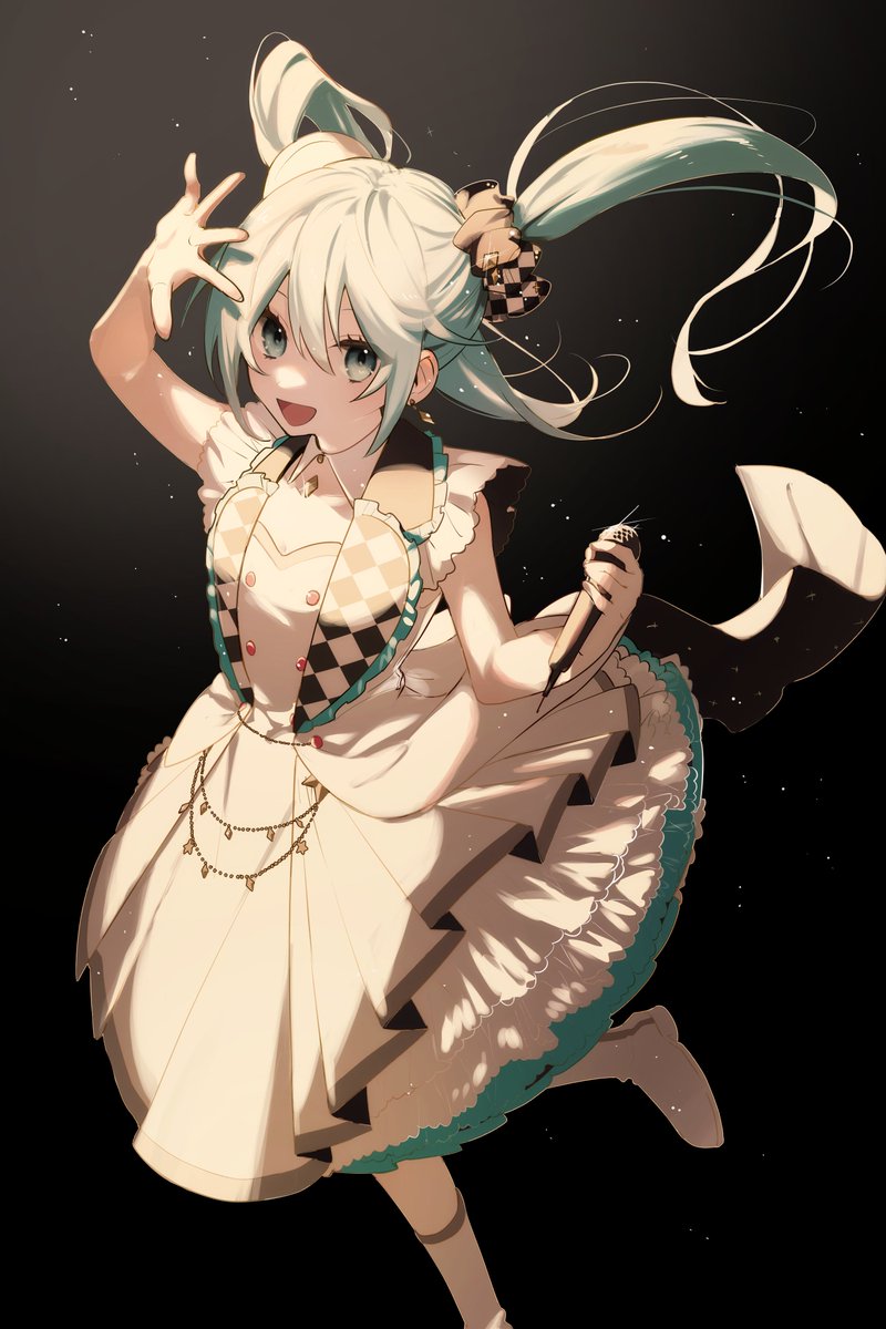 hatsune miku 1girl solo twintails dress holding open mouth white dress  illustration images