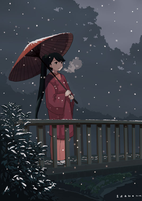 houshou (kancolle) 1girl japanese clothes solo umbrella kimono ponytail long hair  illustration images
