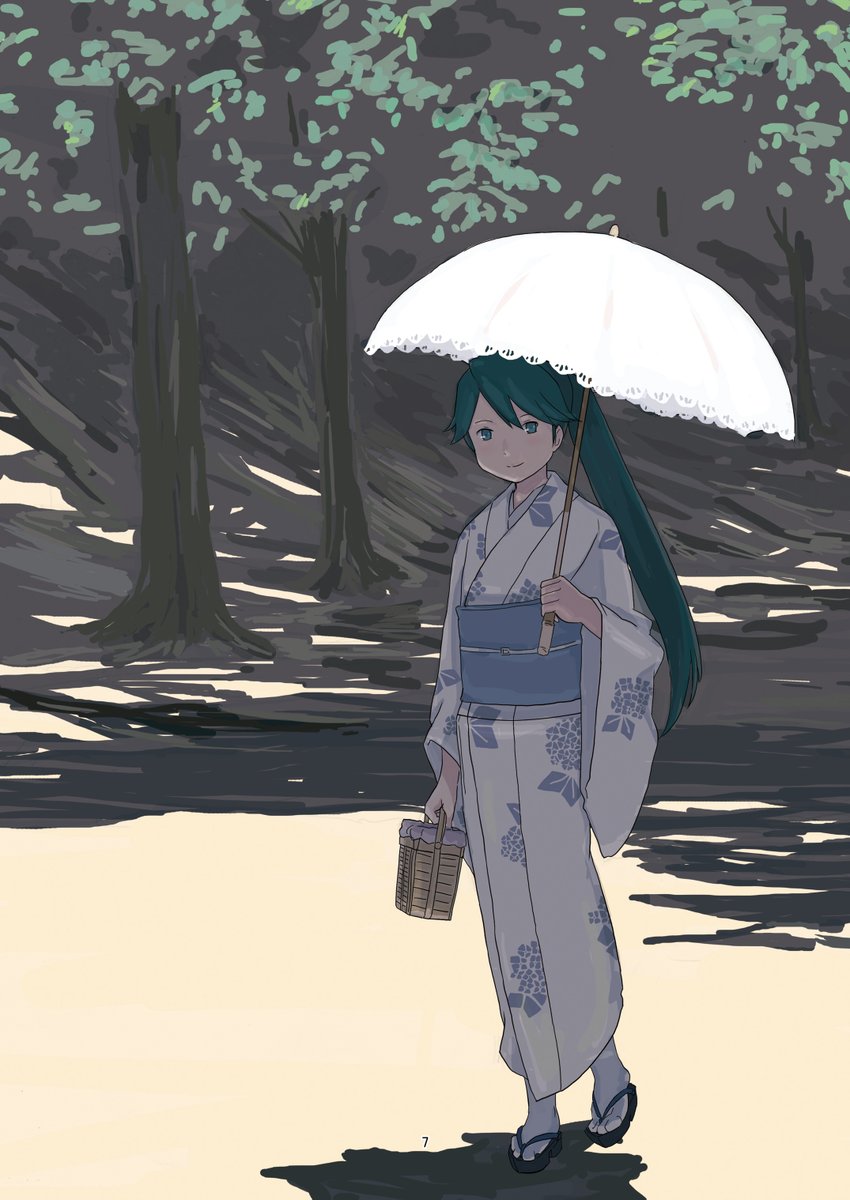 houshou (kancolle) 1girl japanese clothes solo umbrella kimono ponytail long hair  illustration images