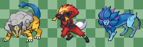 ライコウ、エンテイ、スイクンです。 #絵東ライフ #ドット絵 #pixelart