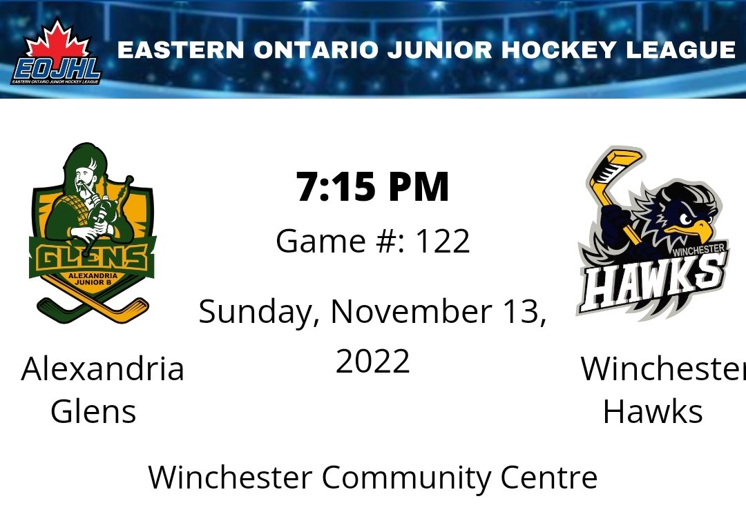 AlexandriaGlens's tweet photo. 🚨Gameday🚨

After a rough go at home last night, Your Glens are back in action on the road tonight to visit the @WinchesterHawks 
@TheEOJHL

⏰ 7:15PM
🖥 @MyHockeyTV 
📍Winchester Community Centre https://t.co/jwx4LvemrW