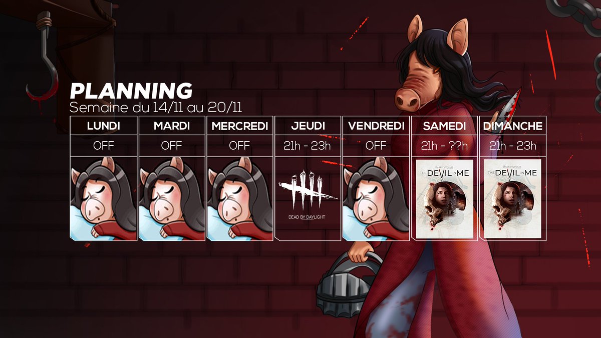 CrawlingEX's tweet photo. Planning semaine pro!

(Je vais bosser du soir donc y'aura moins de liver dans la semaine)

Socials: https://t.co/lawS7V55mw

#DeadbyDaylight #PigMain #Saw #TheDevilinMe #DarkPicture #InstantGamingPartner https://t.co/vwhbtmKVGV