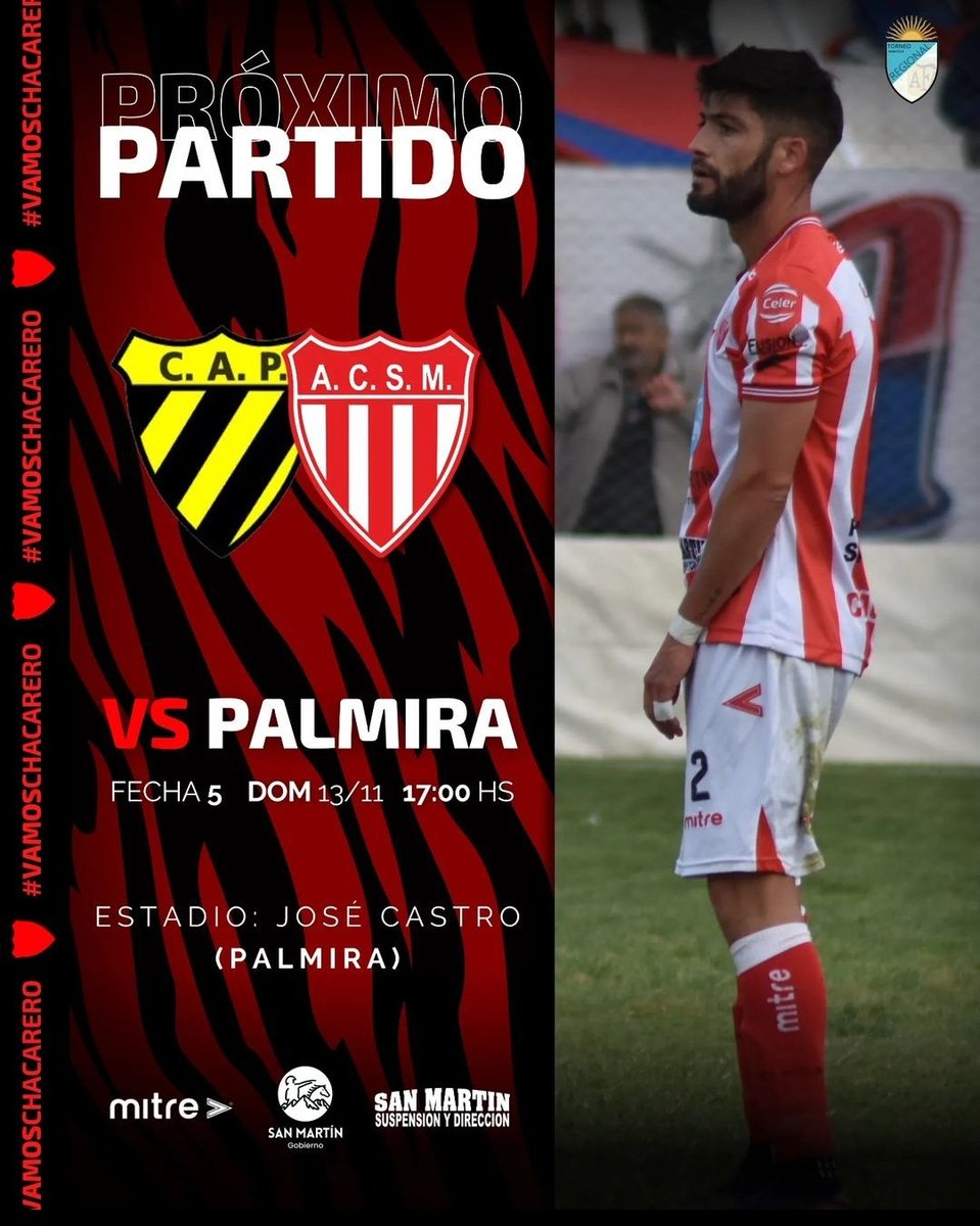 🏆 TORNEO REGIONAL // FECHA 5
Palmira 🟡⚫🟡 VS San Martín 🔴⚪🔴
🗓️ Domingo 13/11
⏱️ 17 hs
🏟️ Estadio José Castro 
#VamosChacarero