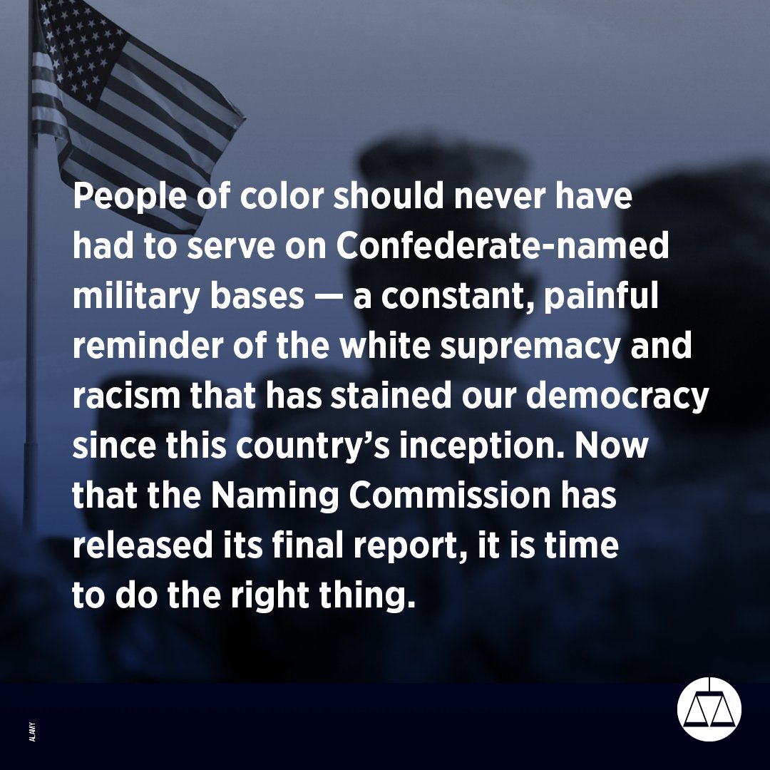 splcenter's tweet photo. People of color should never have to serve on military bases named after traitors who fought to maintain slavery.
The @DeptofDefense must act immediately to #ChangeTheNames of the nine @USArmy bases currently named after Confederates.
Read our commentary:https://t.co/7ffAZS7uoE https://t.co/iZeV1w1akz