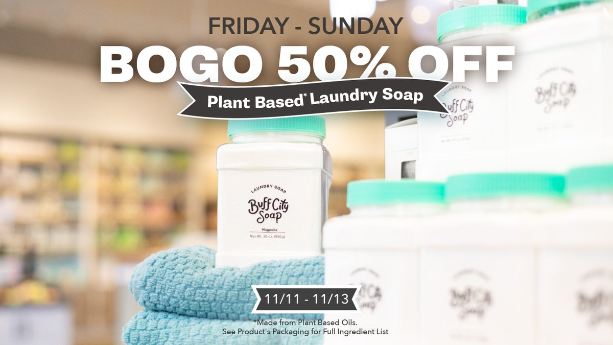 FINAL DAY of BOGO 50% Off Laundry Soap: Hand out wonderful smells during #WorldKindnessDay with the only handmade 🤲 Laundry Soap you’d give as a gift! 🎁

Sale valid in stores &amp; online Nov 11-13. Hours &amp; Sales may vary by location.
#laundry#plantbasedlaundry#smellwonderful#bogo