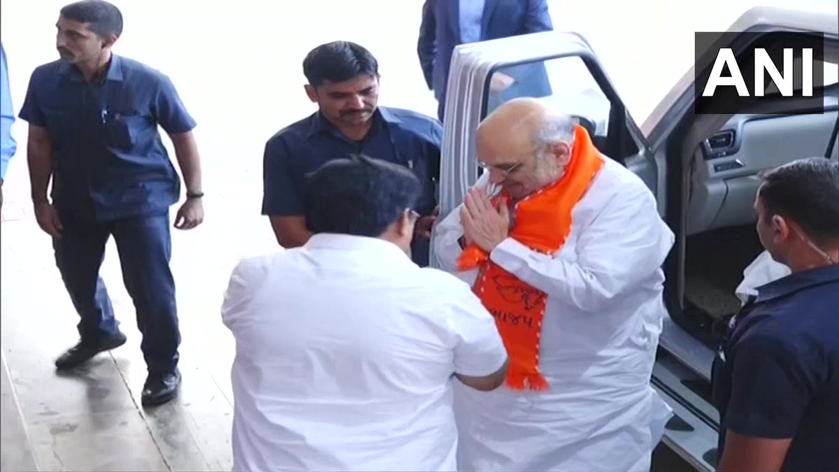 timesofindia's tweet image. #Gujarat | Union Home Minister #AmitShah and State BJP Chief CR Paatil reach Kamalam, in Gandhinagar to attend a party meeting for the upcoming #GujaratAssemblyElections (ANI)