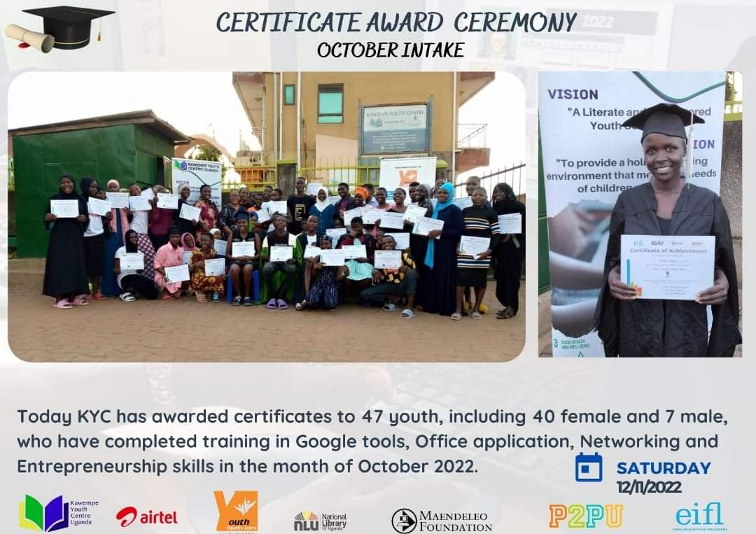 Yesterday, <a href="/KYouthCentre/">Kawempe Youth Centre</a> awarded certificates to 47 youth, including 40 females and 7 males, who have completed training in Google tools, Office Applications, networking and entrepreneurship skills. Amazing job KYC team, you are true change makers! 💪🌟❤️ <a href="/EnabelinUganda/">Enabel in Uganda</a>
