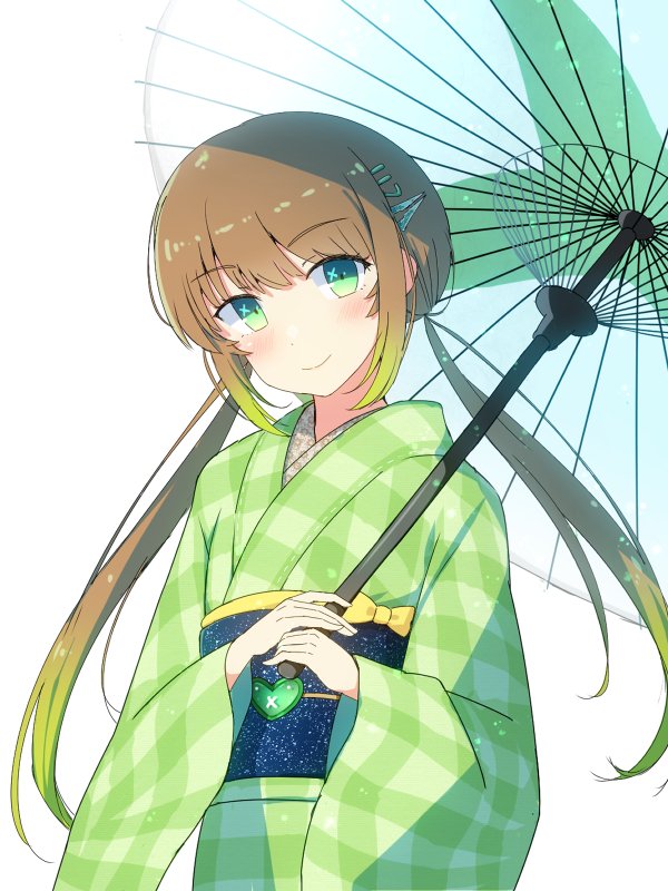 japanese clothes solo kimono umbrella twintails smile sash  illustration images