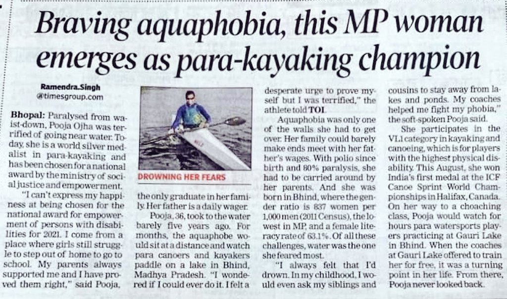 अभी तो नापी है हमने मुट्ठी भर ज़मीं
अभी तो सारा आसमान बाकी है

मध्यप्रदेश के भिंड जिले से निकलकर दुनिया में भारत का मान बढ़ाने वालीं पैरा कयाकिंग खिलाड़ी पूजा ओझा को भारत सरकार के <a href="/MSJEGOI/">Ministry of Social Justice & Empowerment, GOI</a> द्वारा राष्ट्रीय पुरस्कार से सम्मानित किए जाने पर हार्दिक बधाई।

हमें आप पर गर्व है।