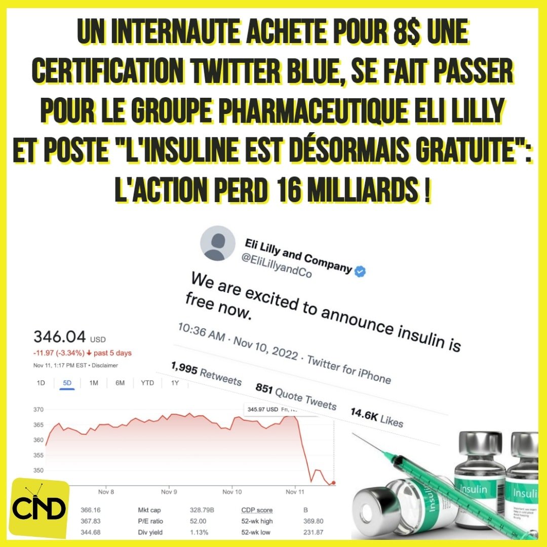 💉 LE CAPITALISME SAUVAGE PRIS À SON PROPRE PIÈGE 💹

Un internaute a réussi à déstabiliser l'un des plus grands groupe pharmaceutique du monde (Eli Lilly) et l'une des plus grosses fortunes du moment (Elon Musk)... Le tout avec seulement 8 dollars ! #Twitter #ElonMusk

#Thread