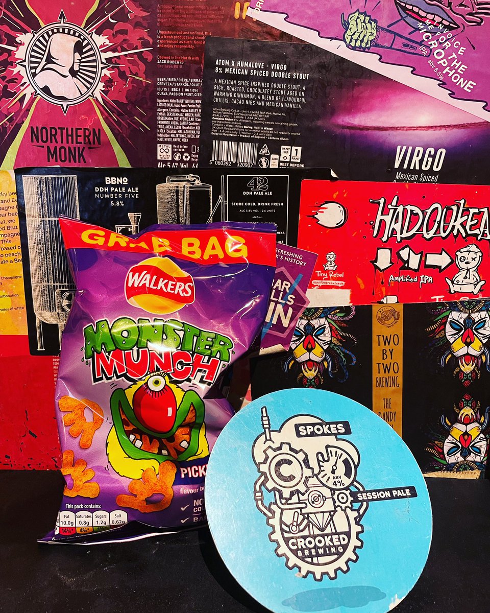 AcombTap's tweet photo. **TODAY** - All 3 flavours of Monster Munch and @crookedbrewing ‘Spokes’ all available today 12-10:30! #snacksareback https://t.co/qTJAKqn7F8