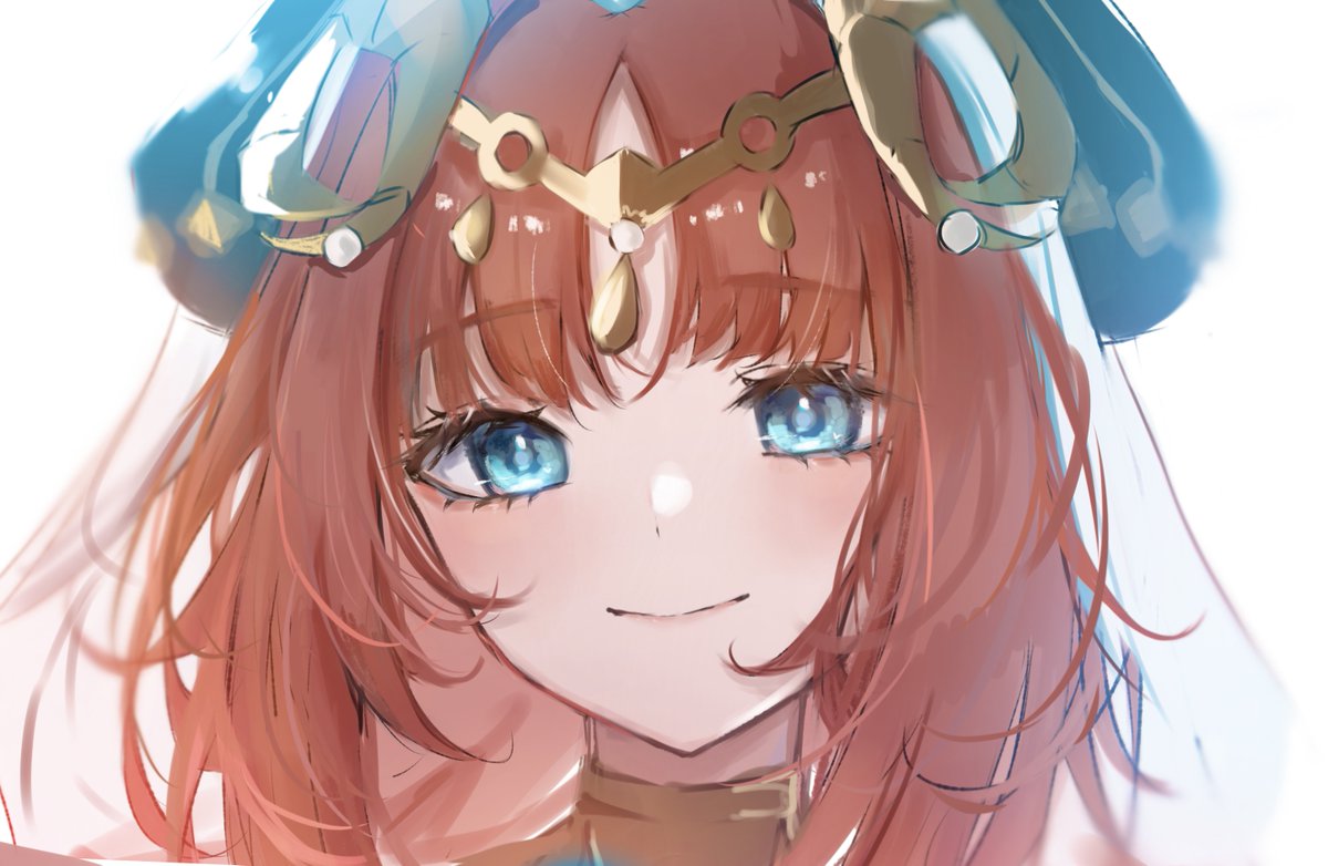 nilou (genshin impact) 1girl solo smile white background horns looking at viewer blue eyes  illustration images